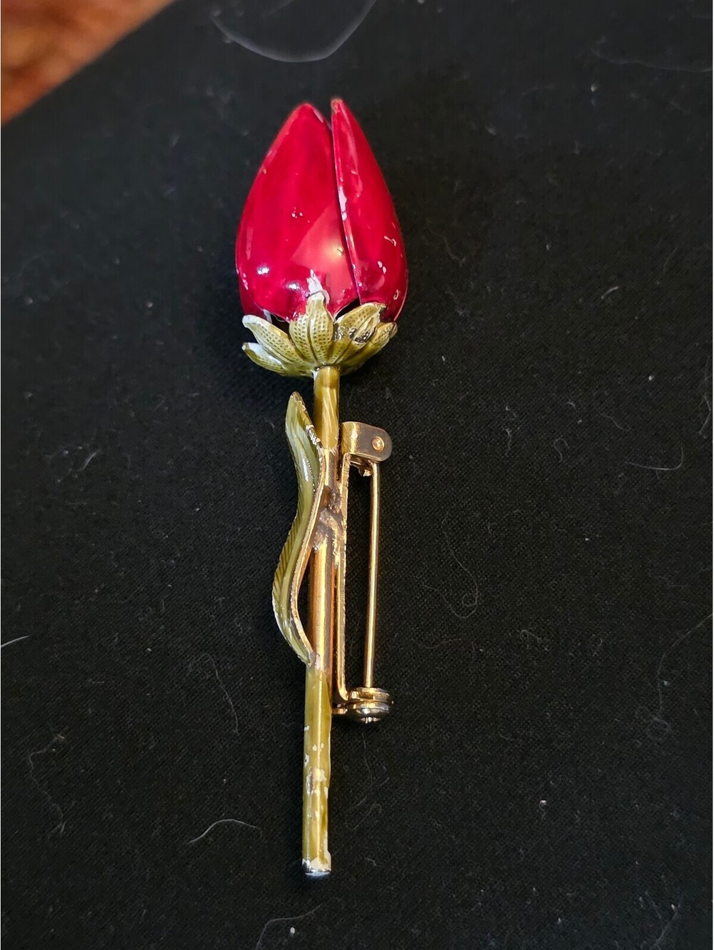 Vintage Red & Green Enamel Long Stem Rose Tulip Flower Brooch